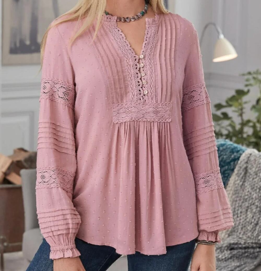 Sundance Spirit Lake Tunic Top Crochet Lace Pintuck Swiss Dot Dusty Pink PXL